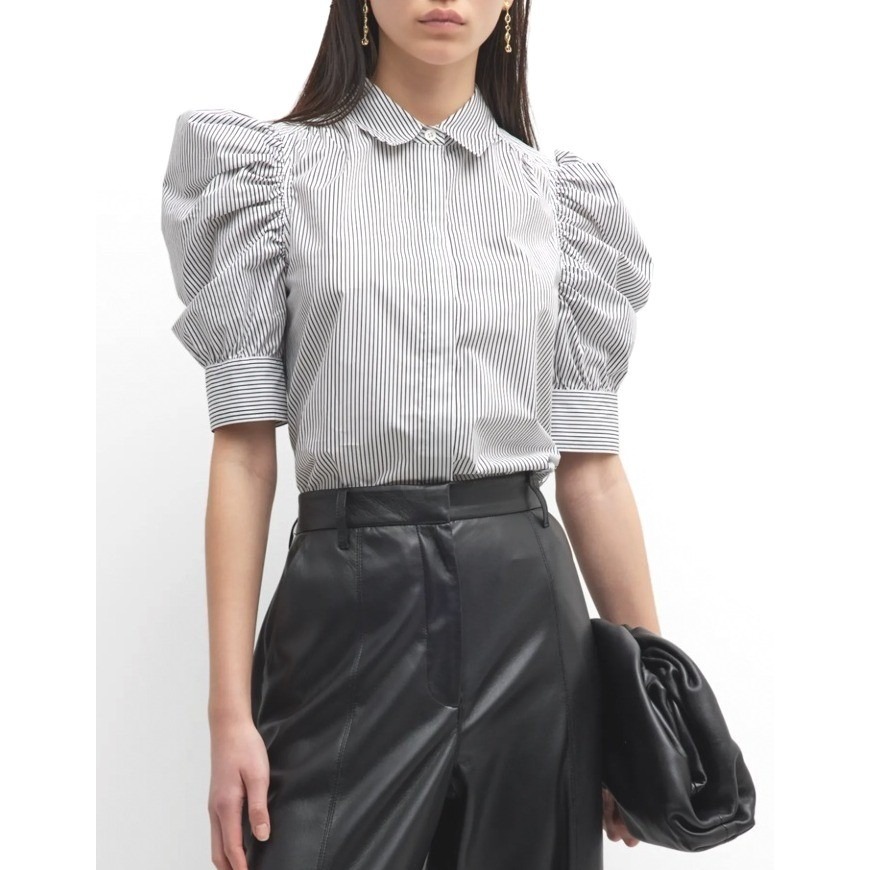 Frame Ruched Puff Sleeve Striped Button-Down Shirt Noir Stripe Medium Us 68